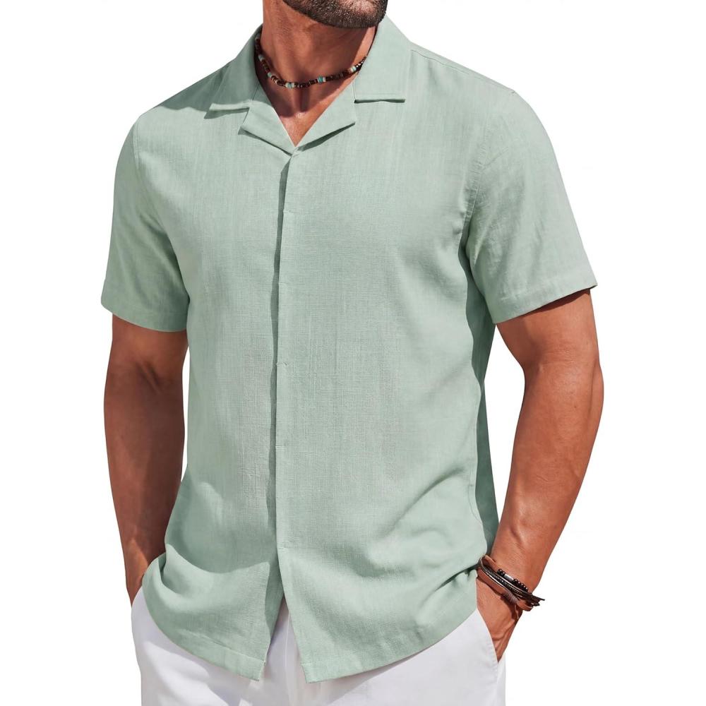 imageCOOFANDY Mens Cotton Shirts Short Sleeve Button Down Shirts Casual Beach Summer Cuban Collar ShirtSage Green