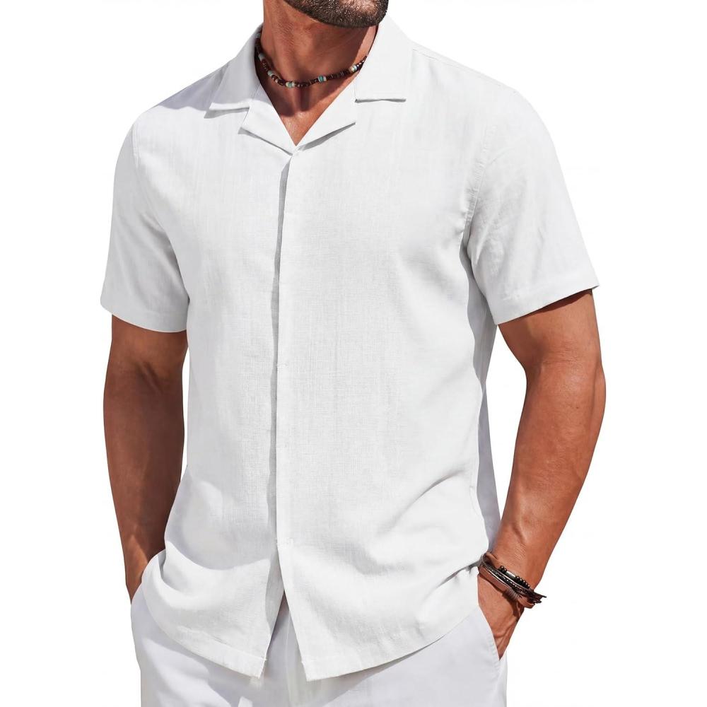 imageCOOFANDY Mens Cotton Shirts Short Sleeve Button Down Shirts Casual Beach Summer Cuban Collar ShirtWhite