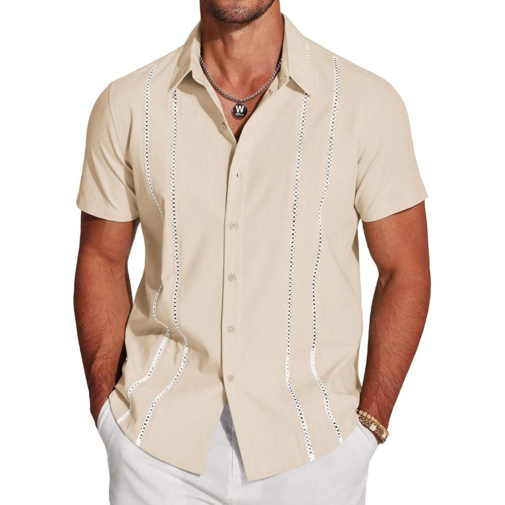 imageCOOFANDY Mens Cuban Guayabera Shirt Short Sleeve Button Down Shirts Casual Summer Beach Linen ShirtsBeigewhite Webbing