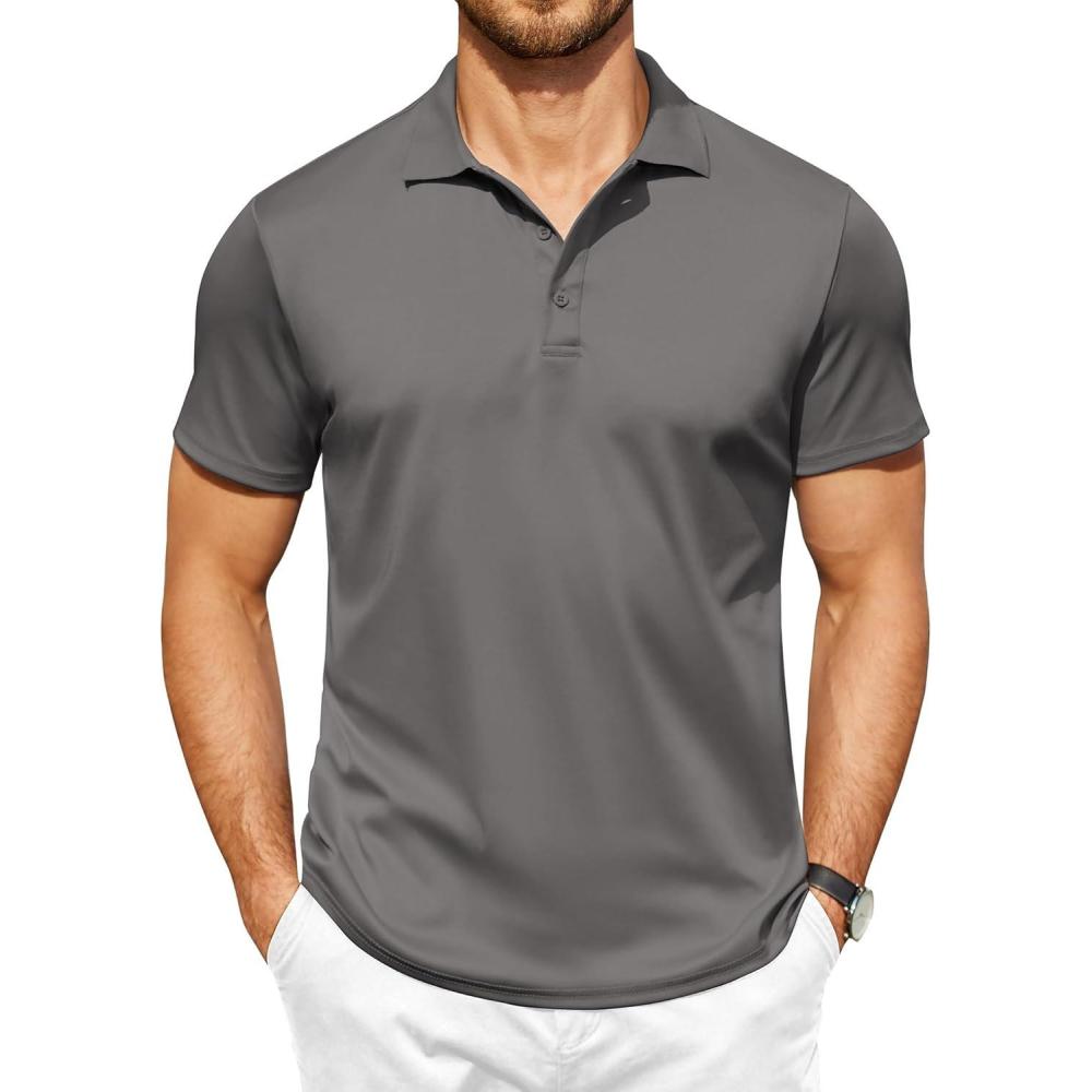 imageCOOFANDY Mens Golf Polo Shirt Short Sleeve Collared Cotton Quick Drying Performance Moisture Wicking Tees Dark Grey
