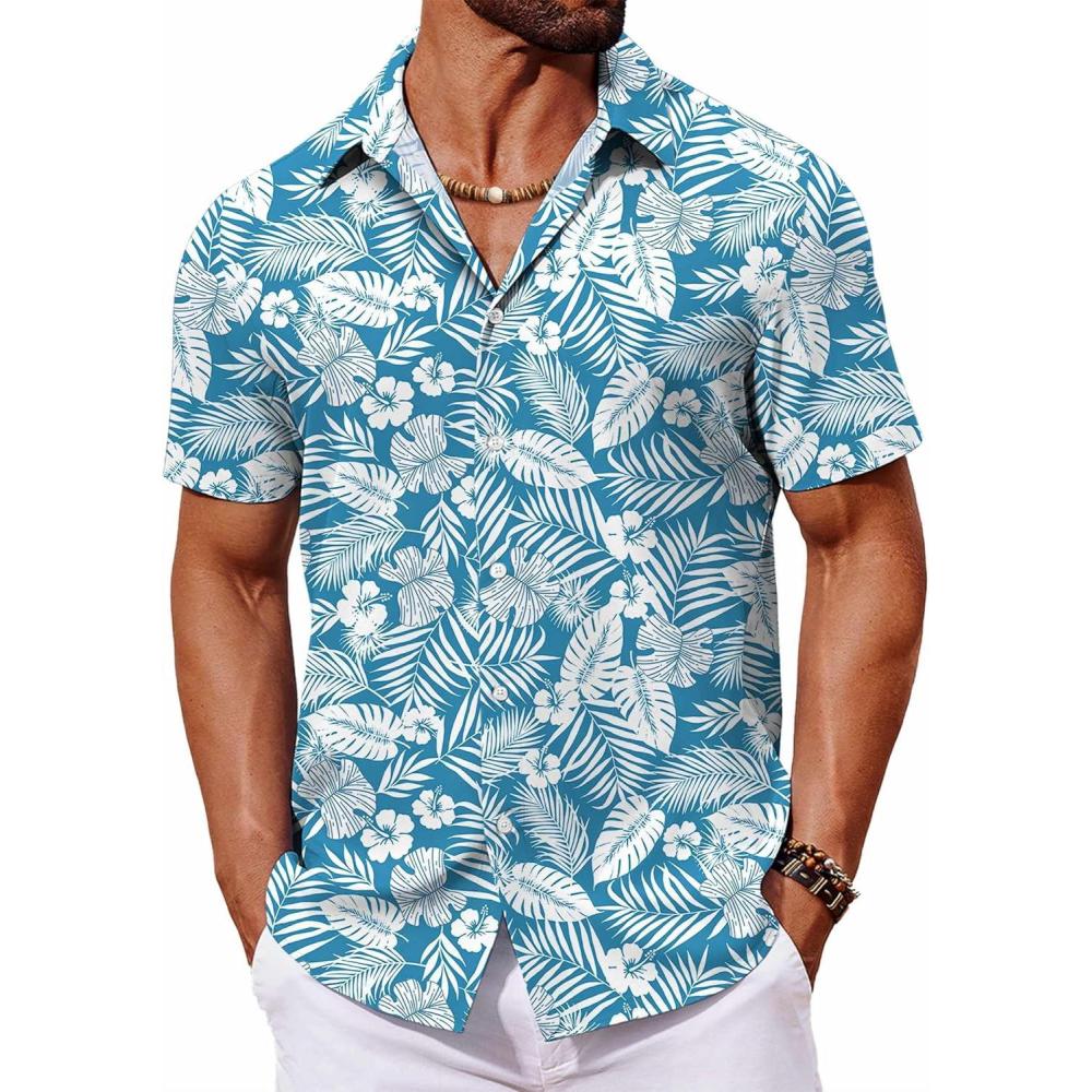imageCOOFANDY Mens Hawaiian Shirt Short Sleeve Button Down Shirts Tropical Floral Summer Beach ShirtsAquamarine Tropical Leaf