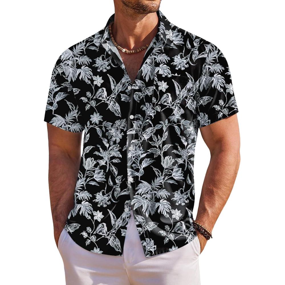 imageCOOFANDY Mens Hawaiian Shirt Short Sleeve Floral Button Down Shirts Tropical Holiday Beach ShirtsBlack Leaf
