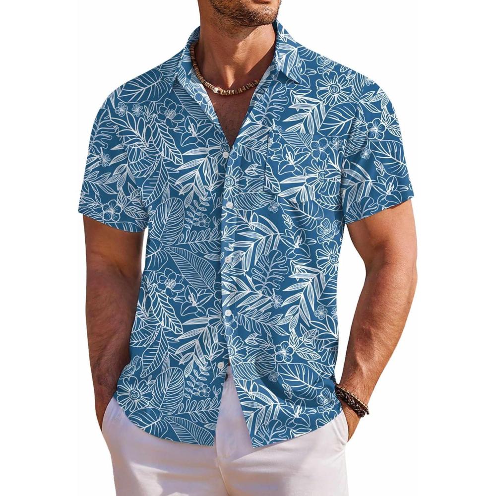imageCOOFANDY Mens Hawaiian Shirt Short Sleeve Floral Button Down Shirts Tropical Holiday Beach ShirtsBlue White Leaves