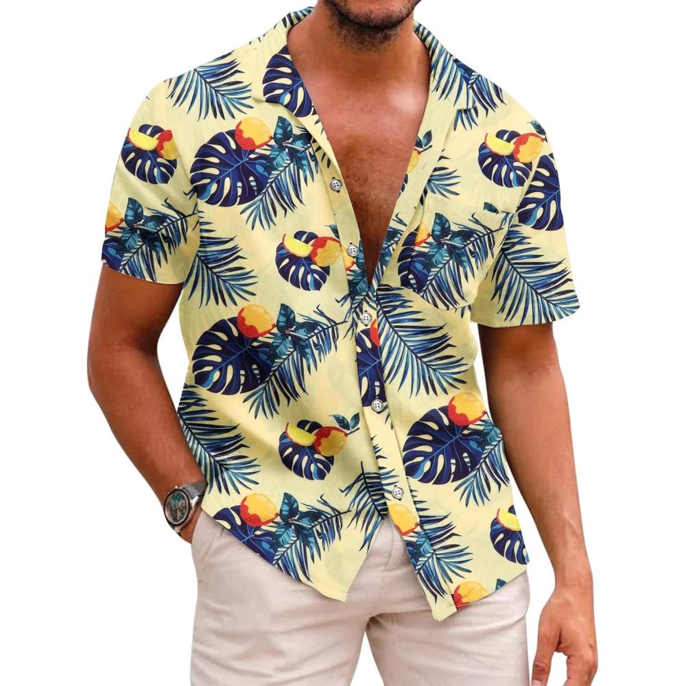 imageCOOFANDY Mens Hawaiian Shirts Short Sleeve Casual Button Down Tropical Beach ShirtLight Yellow Navy Blue