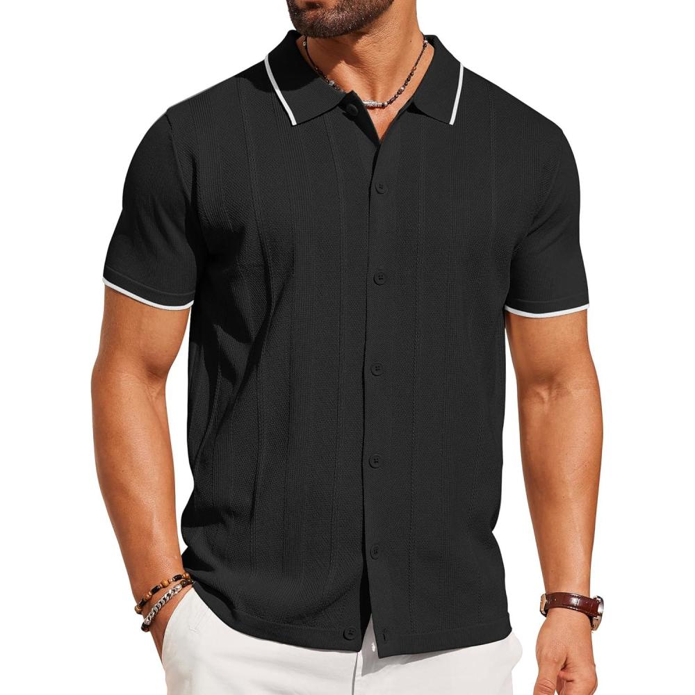 imageCOOFANDY Mens Knit Short Sleeve Button Down Polo ShirtsBlack White