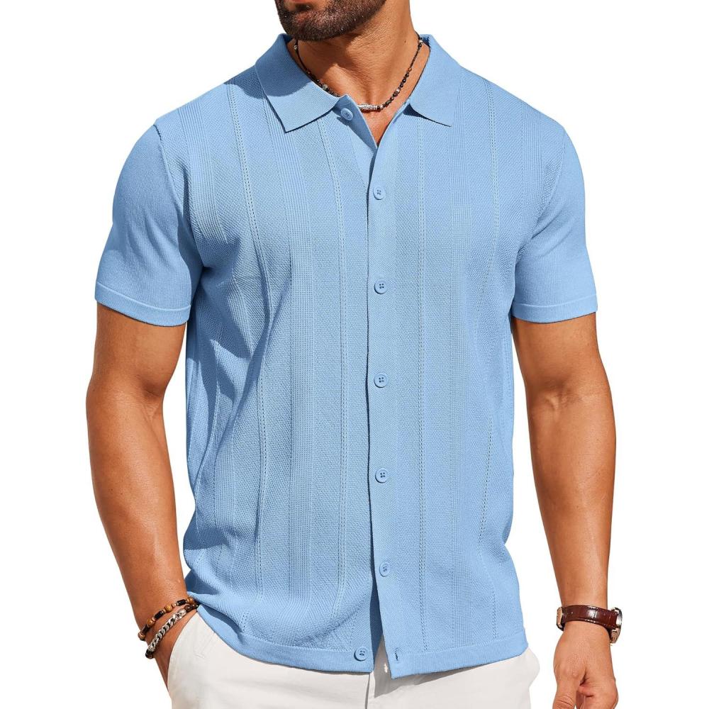imageCOOFANDY Mens Knit Short Sleeve Button Down Polo ShirtsLight Blue