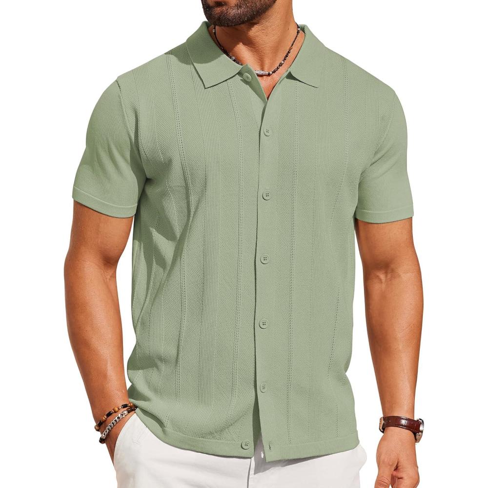imageCOOFANDY Mens Knit Short Sleeve Button Down Polo ShirtsLight Green