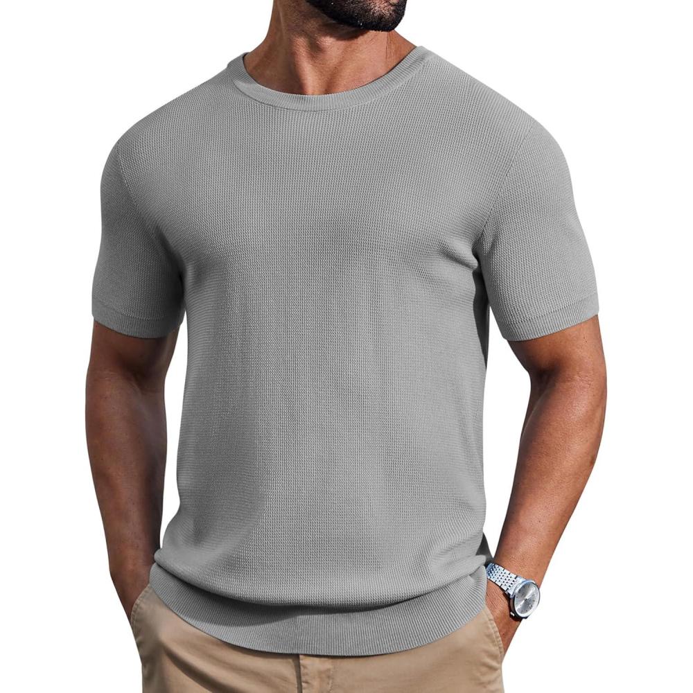imageCOOFANDY Mens Knit TShirts Casual Short Sleeve Crewneck Shirt Textured Pullover TeesLight Grey