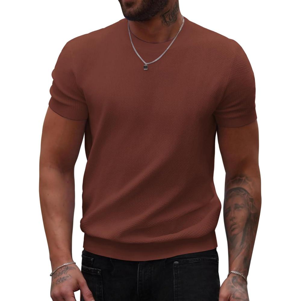 imageCOOFANDY Mens Knit TShirts Summer Waffle Shirts Vintage Shirts Short Sleeve Crew Neck Tee Shirt Casual Crochet TopBrown