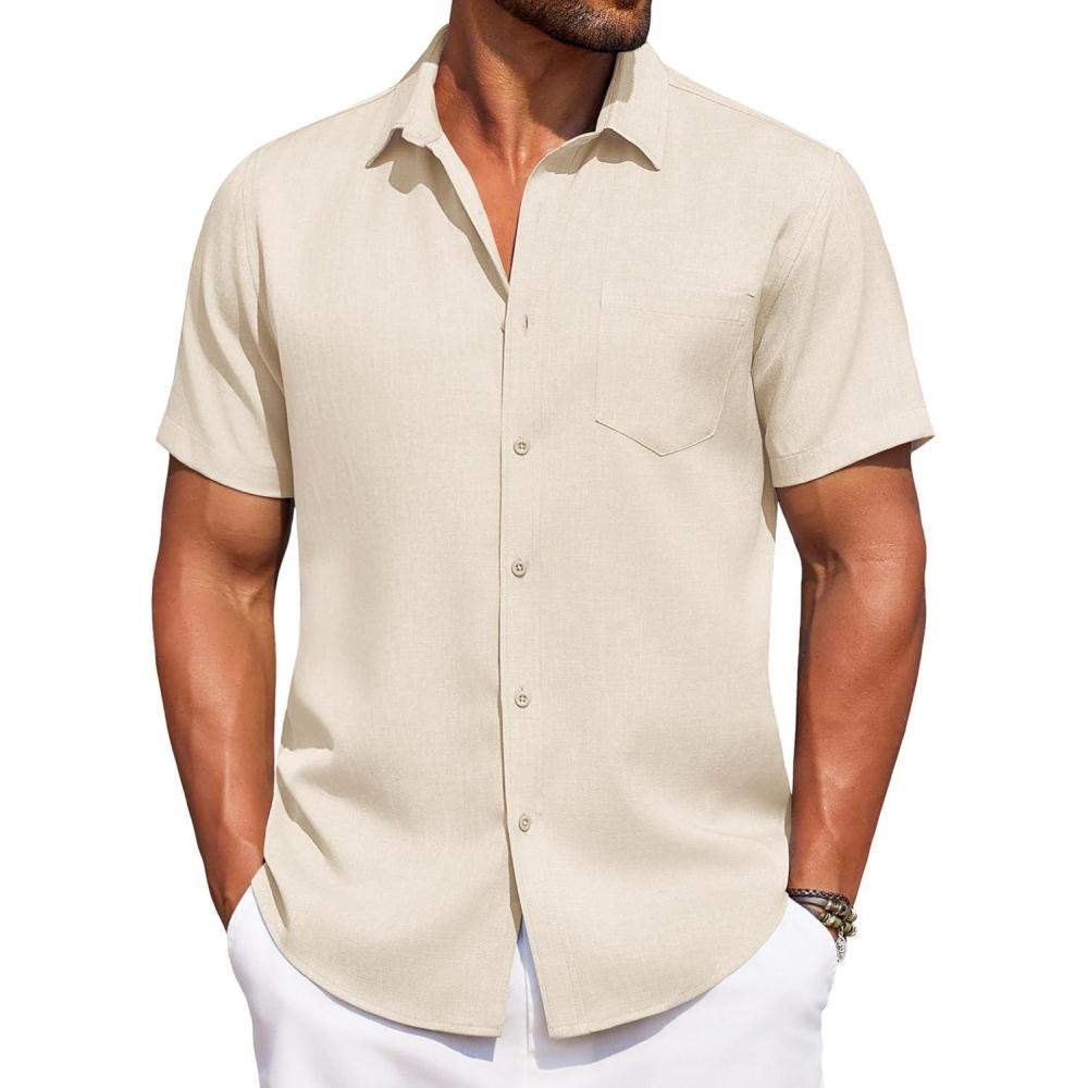 imageCOOFANDY Mens Linen Shirt Summer Beach Vacation Shirts Casual Button Down Short Sleeve Top Resort Wear for Men Beige