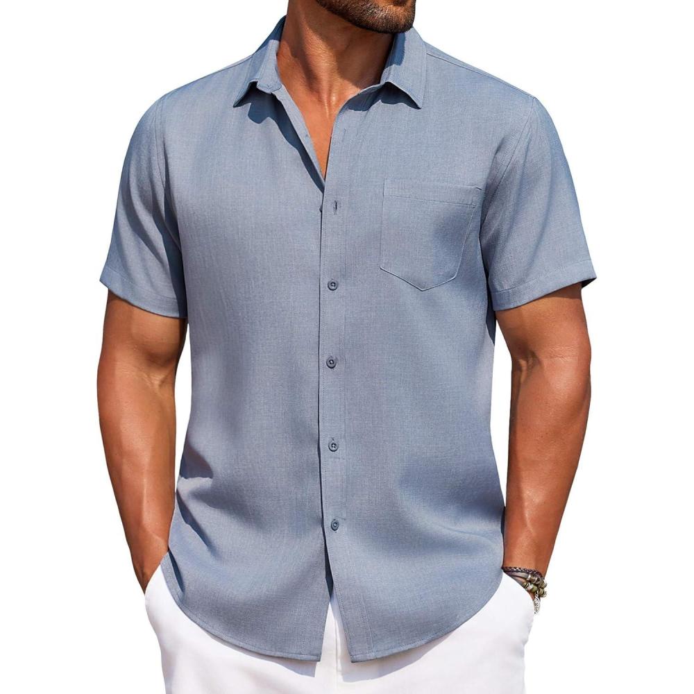 imageCOOFANDY Mens Linen Shirt Summer Beach Vacation Shirts Casual Button Down Short Sleeve Top Resort Wear for Men Grey Blue