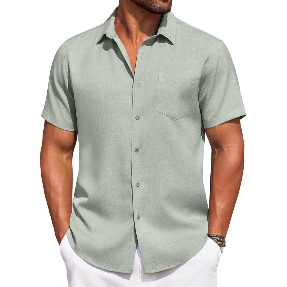 imageCOOFANDY Mens Linen Shirt Summer Beach Vacation Shirts Casual Button Down Short Sleeve Top Resort Wear for Men Light Green
