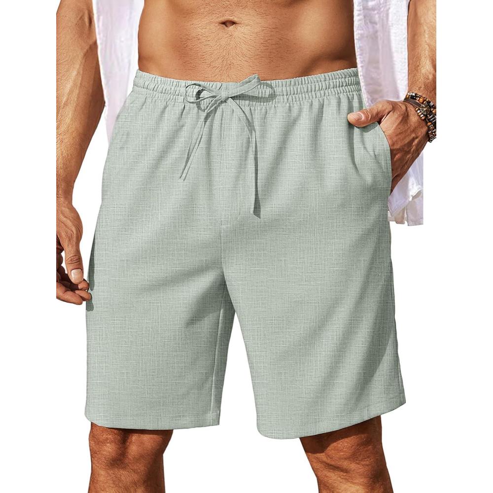 imageCOOFANDY Mens Linen Shorts 9 Elastic Waist Drawstring Casual Shorts Lightweight Summer Beach ShortsLight Green