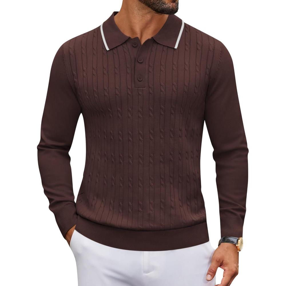 imageCOOFANDY Mens Polo Sweater Casual Long Sleeve Knit Polos Button Down Collared Golf Pullover SweatersBrown