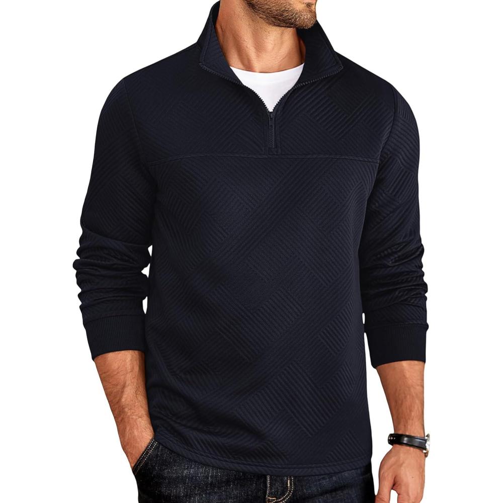 imageCOOFANDY Mens Quarter Zip Sweatshirt Casual 14 Zip Pullover Business Casual Polo Sweatshirt Winter Tops Navy Blue