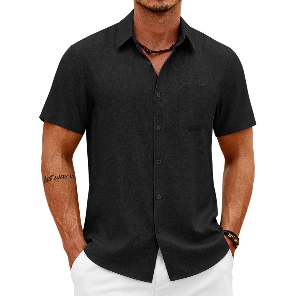 imageCOOFANDY Mens Short Sleeve Button Down Shirts Casual Summer Shirts Linen Beach Shirt with PocketBlack