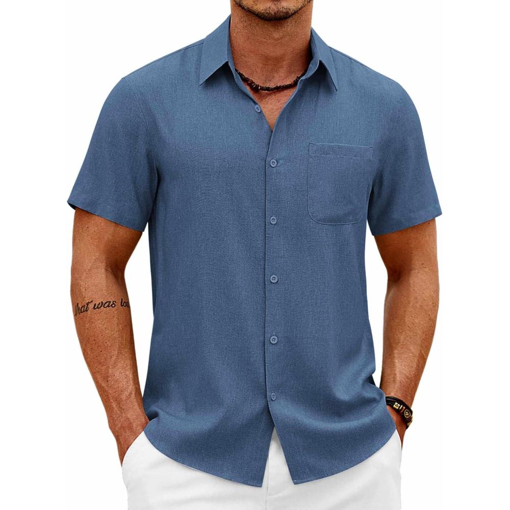 imageCOOFANDY Mens Short Sleeve Button Down Shirts Casual Summer Shirts Linen Beach Shirt with PocketDark Blue