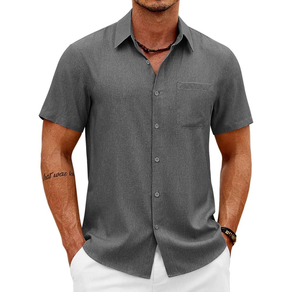 imageCOOFANDY Mens Short Sleeve Button Down Shirts Casual Summer Shirts Linen Beach Shirt with PocketDark Grey