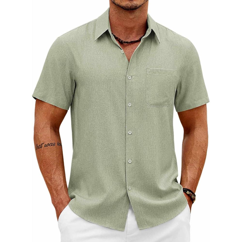 imageCOOFANDY Mens Short Sleeve Button Down Shirts Casual Summer Shirts Linen Beach Shirt with PocketLight Green