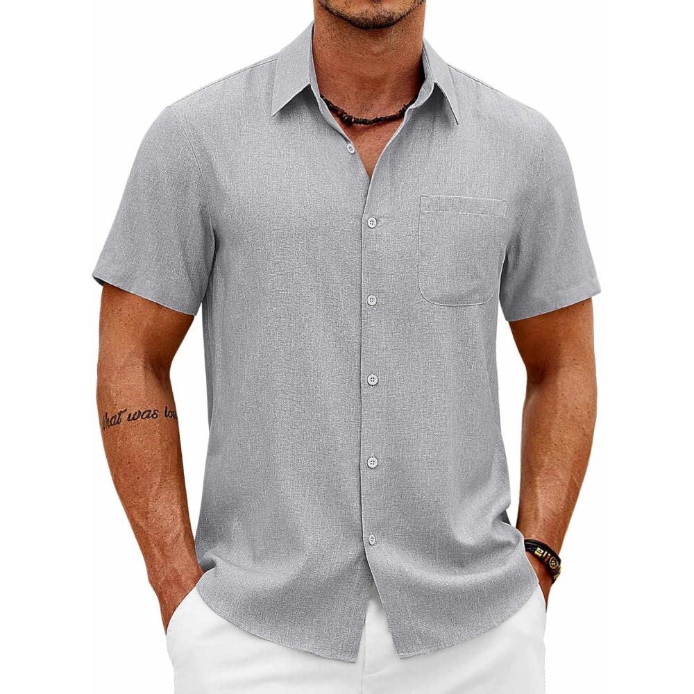 imageCOOFANDY Mens Short Sleeve Button Down Shirts Casual Summer Shirts Linen Beach Shirt with PocketLight Grey