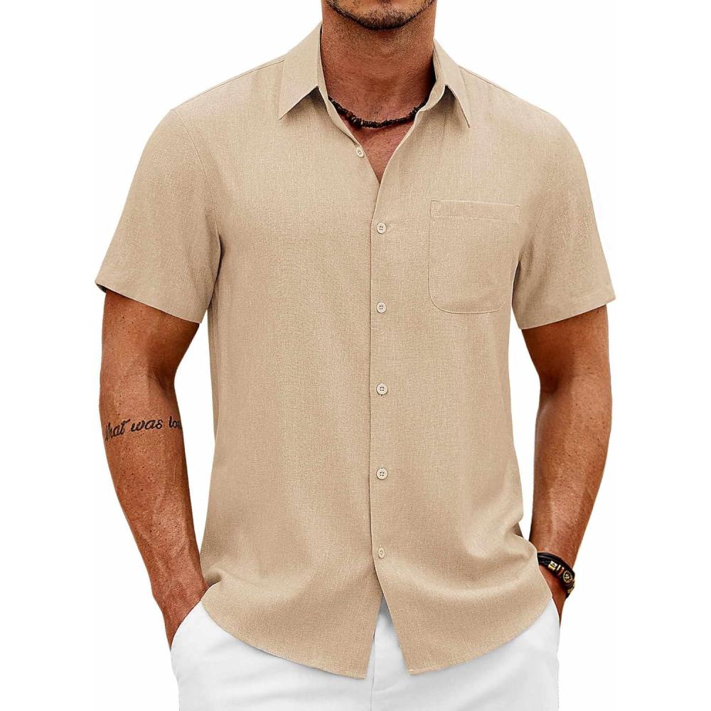 imageCOOFANDY Mens Short Sleeve Button Down Shirts Casual Summer Shirts Linen Beach Shirt with PocketLight Khaki