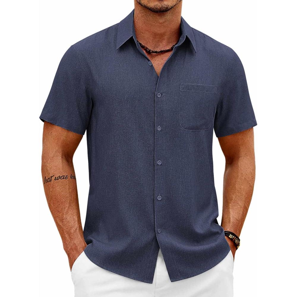 imageCOOFANDY Mens Short Sleeve Button Down Shirts Casual Summer Shirts Linen Beach Shirt with PocketNavy Blue