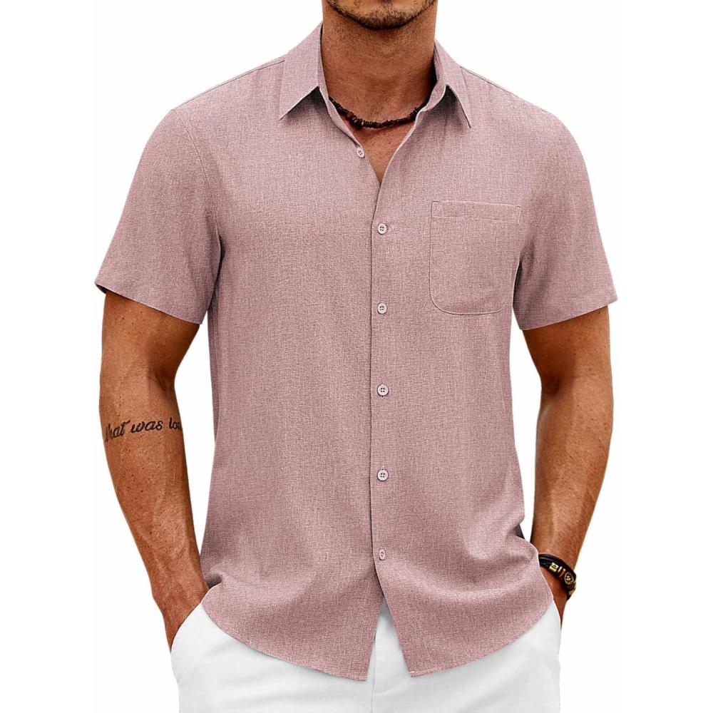 imageCOOFANDY Mens Short Sleeve Button Down Shirts Casual Summer Shirts Linen Beach Shirt with PocketPink
