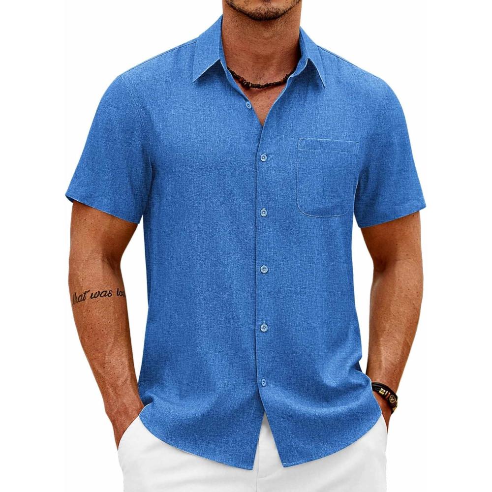 imageCOOFANDY Mens Short Sleeve Button Down Shirts Casual Summer Shirts Linen Beach Shirt with PocketRoyal Blue