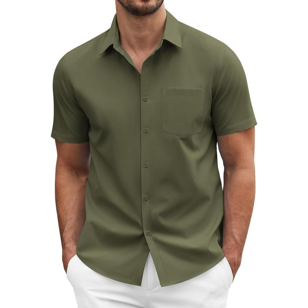 imageCOOFANDY Mens Short Sleeve Casual Button Down Shirt Business Untucked Dress Shirts with Pocket01  Olive Green