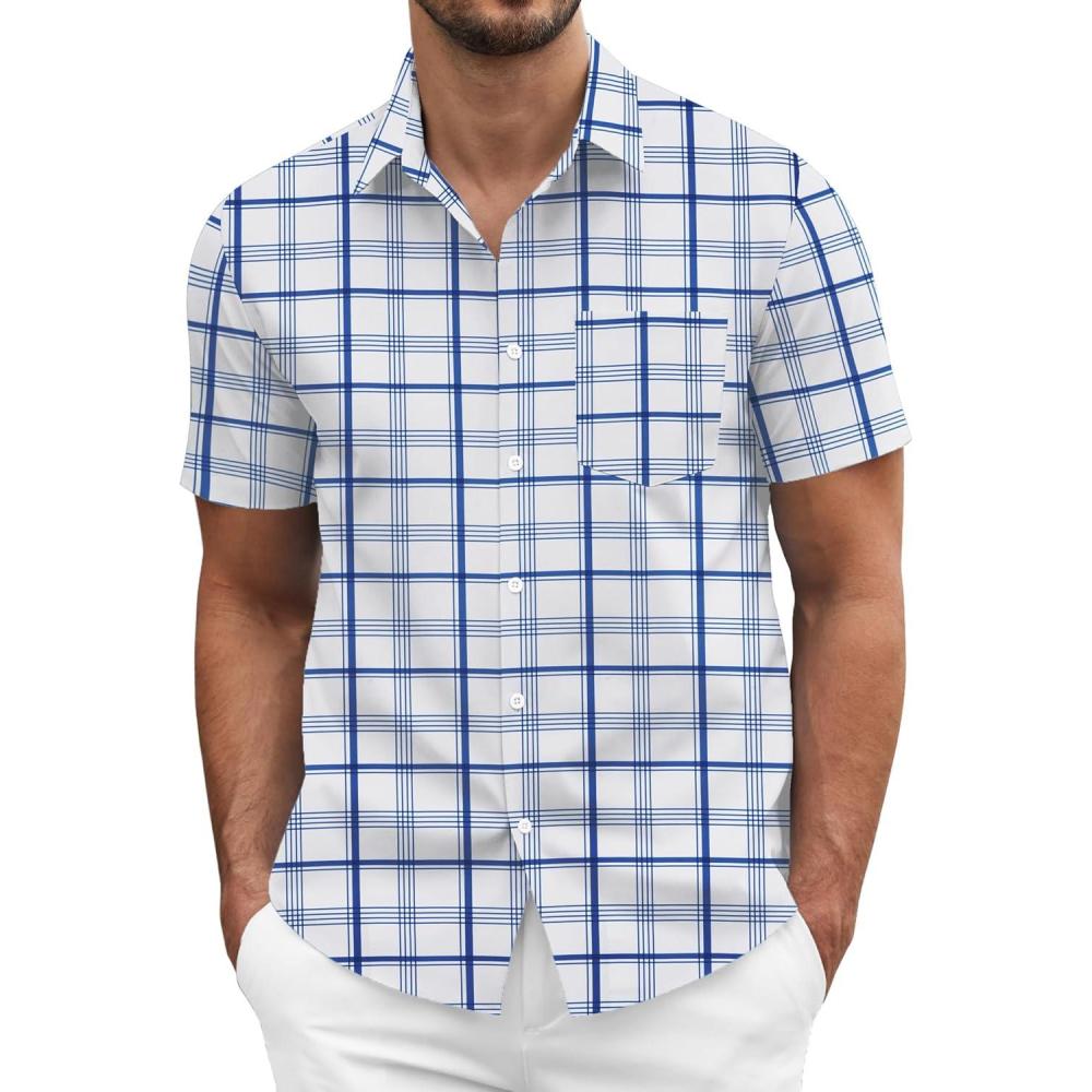 imageCOOFANDY Mens Short Sleeve Casual Button Down Shirt Business Untucked Dress Shirts with PocketBlue Whiteplaid