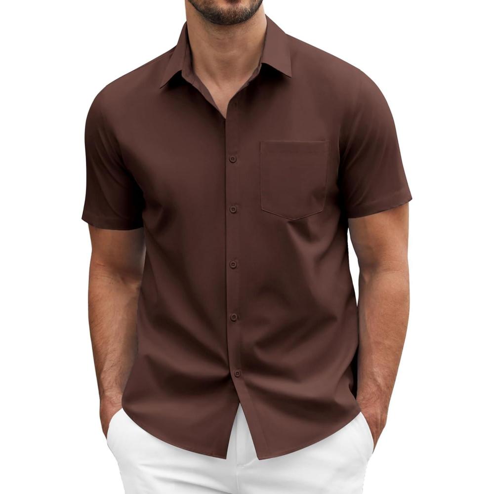 imageCOOFANDY Mens Short Sleeve Casual Button Down Shirt Business Untucked Dress Shirts with PocketBrown