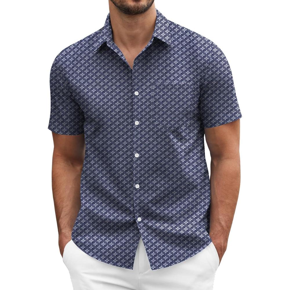 imageCOOFANDY Mens Short Sleeve Casual Button Down Shirt Business Untucked Dress Shirts with PocketNavy Bluesquare