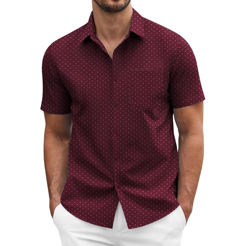 imageCOOFANDY Mens Short Sleeve Casual Button Down Shirt Business Untucked Dress Shirts with PocketWine Redpolka Dots