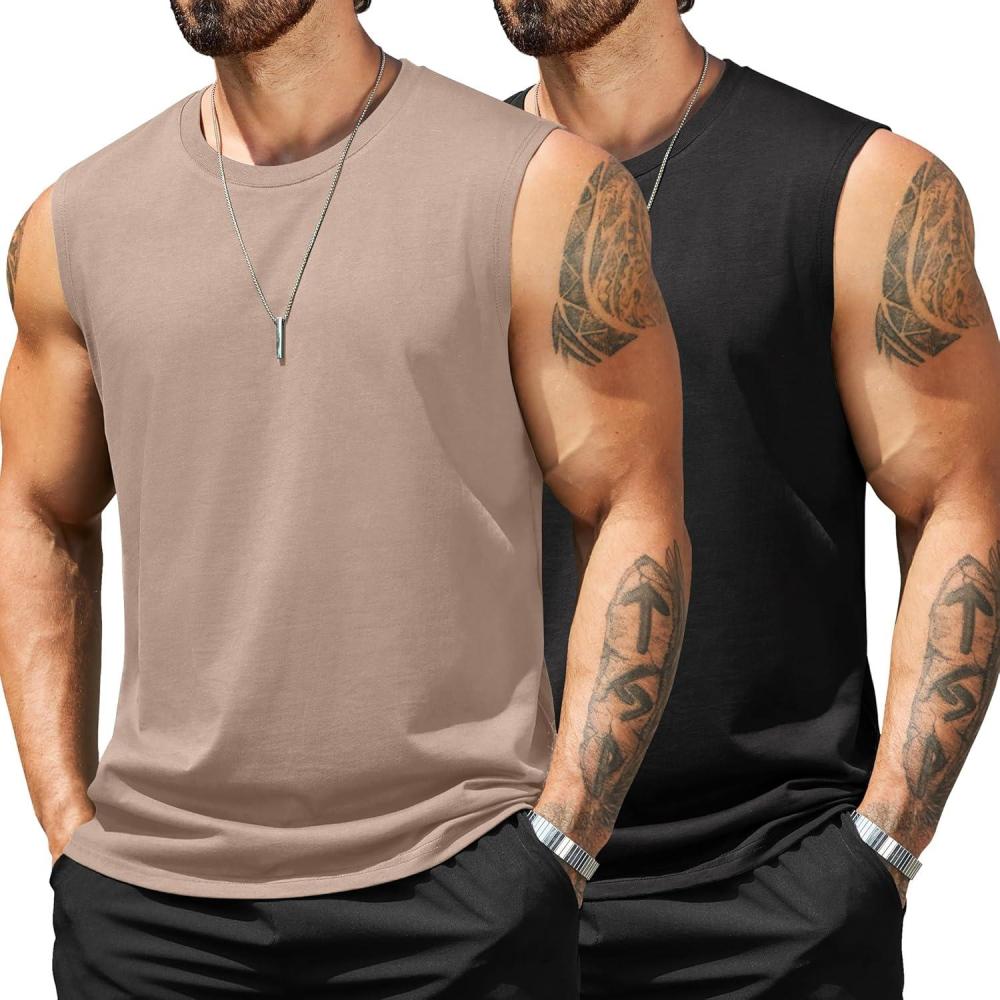 imageCOOFANDY Mens Tank Top Cotton Workout Sleeveless Muscle T Shirts Casual Summer Tank ShirtsBlackKhaki2 Pcs