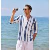 COOFANDY Men’s Cotton Linen Henley T-Shirt Long Sleeve Hippie Casual Beach T-Shirts(Dark Blue Stripes)