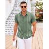 COOFANDY Men’s Cuban Guayabera Shirt Short Sleeve Button Down Shirts Casual Summer Beach Linen Shirts(Army Green-white Webbing)
