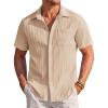 COOFANDY Men’s Casual Textured Short Sleeve Button Down Summer Beach Shirt(Khaki)
