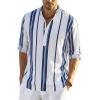 COOFANDY Men’s Cotton Linen Henley T-Shirt Long Sleeve Hippie Casual Beach T-Shirts(Dark Blue Stripes)