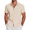 COOFANDY Men’s Cuban Guayabera Shirt Short Sleeve Button Down Shirts Casual Summer Beach Linen Shirts(Beige-white Webbing)