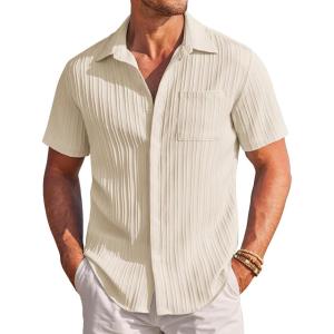 COOFANDY Men’s Casual Textured Short Sleeve Button Down Summer Beach Shirt(Beige)