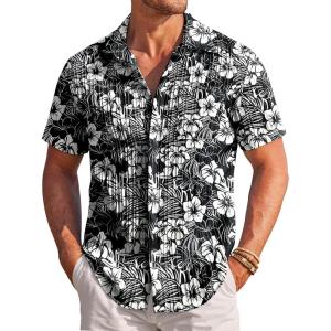 COOFANDY Men’s Casual Textured Short Sleeve Button Down Summer Beach Shirt(Black&white Floral)
