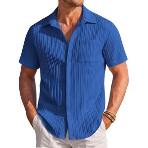 COOFANDY Men’s Casual Textured Short Sleeve Button Down Summer Beach Shirt(Classic Blue)