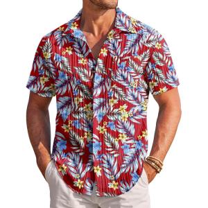 COOFANDY Men’s Casual Textured Short Sleeve Button Down Summer Beach Shirt(Hawaii Flowers)