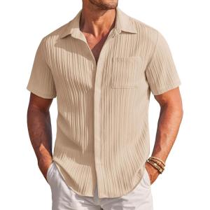 COOFANDY Men’s Casual Textured Short Sleeve Button Down Summer Beach Shirt(Khaki)