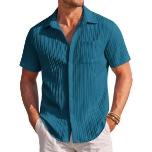 COOFANDY Men’s Casual Textured Short Sleeve Button Down Summer Beach Shirt(Lake Blue)