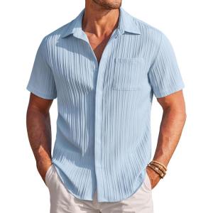 COOFANDY Men’s Casual Textured Short Sleeve Button Down Summer Beach Shirt(Light Blue)