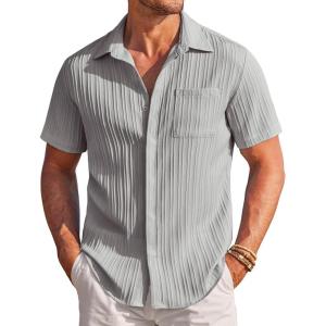 COOFANDY Men’s Casual Textured Short Sleeve Button Down Summer Beach Shirt(Light Gray)