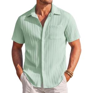 COOFANDY Men’s Casual Textured Short Sleeve Button Down Summer Beach Shirt(Light Green)