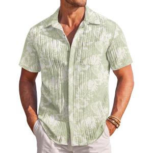 COOFANDY Men’s Casual Textured Short Sleeve Button Down Summer Beach Shirt(Light Green White Leaf)