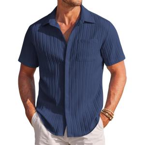 COOFANDY Men’s Casual Textured Short Sleeve Button Down Summer Beach Shirt(Navy Blue)